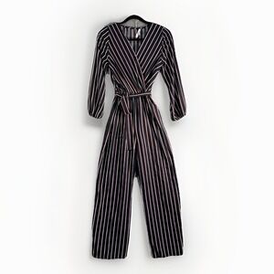 Papaya Jumpsuit Small Navy Red White Stripe Wide Leg Tie Waist Long Sleeve